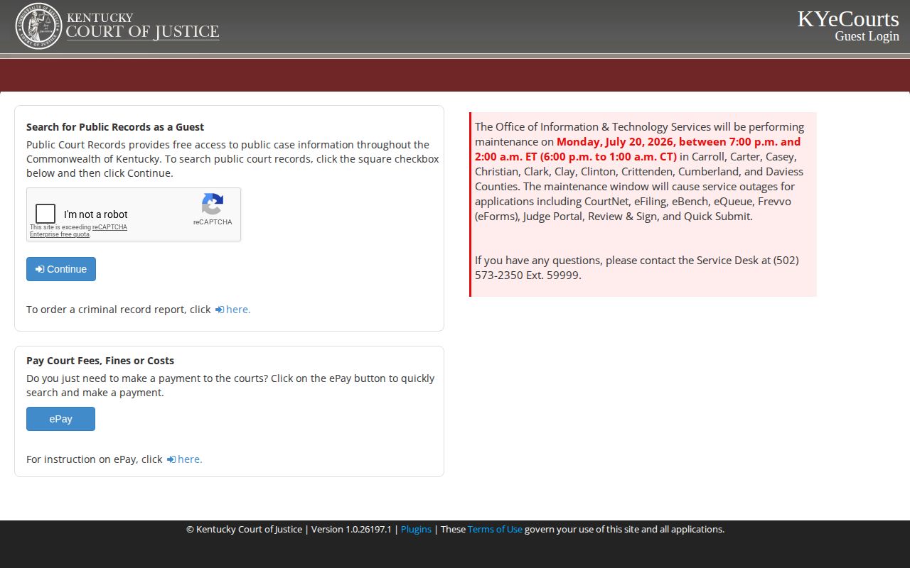 KYeCourts public records guest login for Menifee County cases